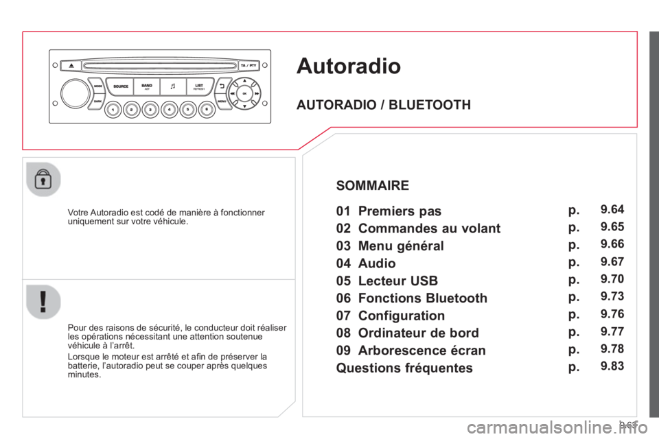 CITROEN BERLINGO MULTISPACE 2013 Notices Demploi (in French) 9.63
Autoradio
Votre Autoradio est codé de manière à fonctionner
uniquement sur votre véhicule.
Pour des raisons de s
écurité, le conducteur doit réaliser
les opérations nécessita CITROEN BERLINGO MULTISPACE 2013 Notices Demploi (in French) 9.63
Autoradio
Votre Autoradio est codé de manière à fonctionner
uniquement sur votre véhicule.
Pour des raisons de s
écurité, le conducteur doit réaliser
les opérations nécessita