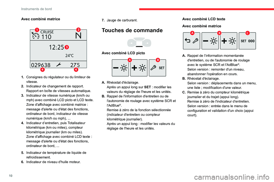 CITROEN BERLINGO VAN 2021  Notices Demploi (in French) 10
Instruments de bord
Avec combiné matrice 
 
1.Consignes du régulateur ou du limiteur de 
vitesse.
2. Indicateur de changement de rapport.
Rapport en boîte de vitesses automatique.
3. Indicateur 