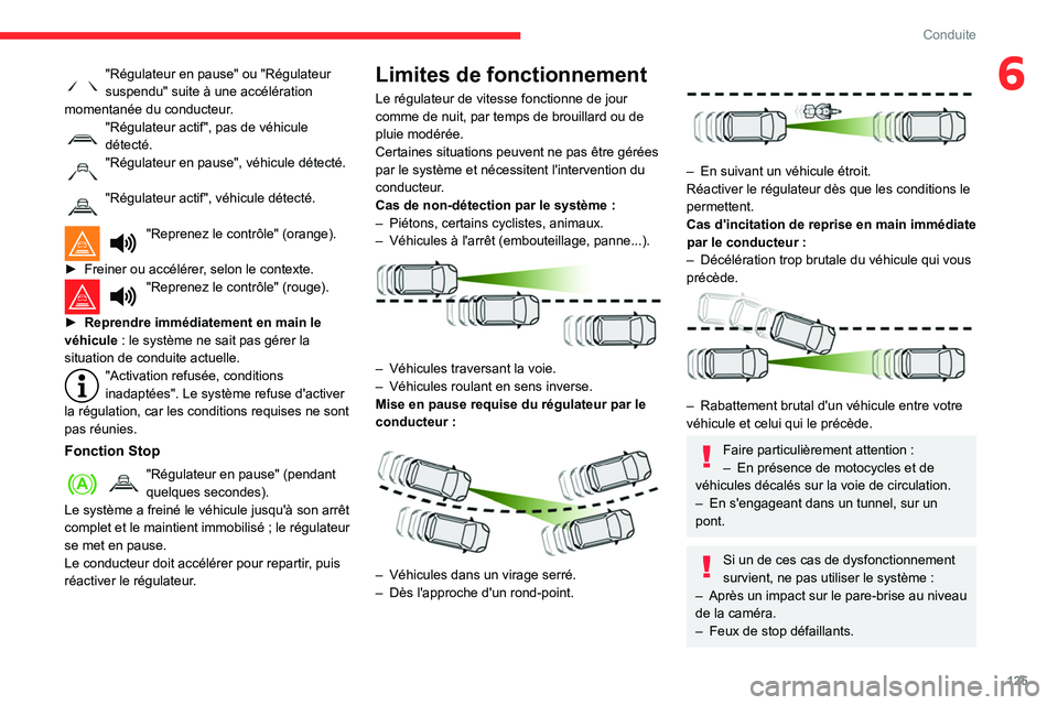 CITROEN BERLINGO VAN 2021 Notices Demploi (in French) 125
Conduite
6"Régulateur en pause" ou "Régulateur
suspendu" suite à une accélération
momentanée du conducteur.
"Régulateur actif", pas de véhicule
détecté.
"R CITROEN BERLINGO VAN 2021 Notices Demploi (in French) 125
Conduite
6"Régulateur en pause" ou "Régulateur
suspendu" suite à une accélération
momentanée du conducteur.
"Régulateur actif", pas de véhicule
détecté.
"R