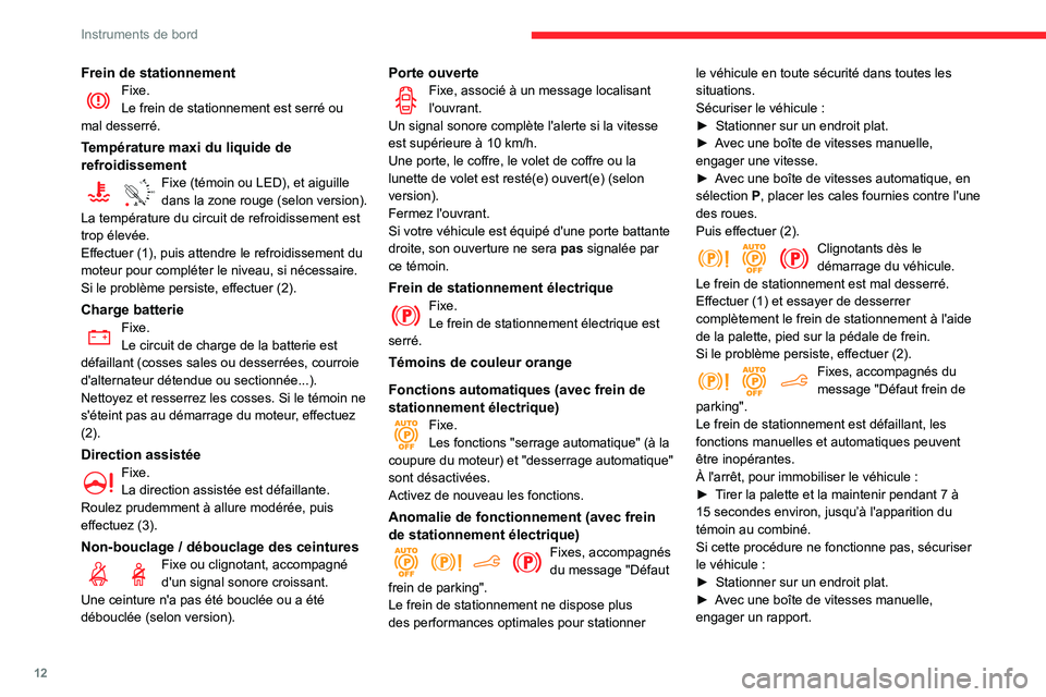 CITROEN BERLINGO VAN 2021  Notices Demploi (in French) 12
Instruments de bord
Frein de stationnementFixe.
Le frein de stationnement est serré ou 
mal desserré.
Température maxi du liquide de 
refroidissement
90° CFixe (témoin ou LED), et aiguille 
da