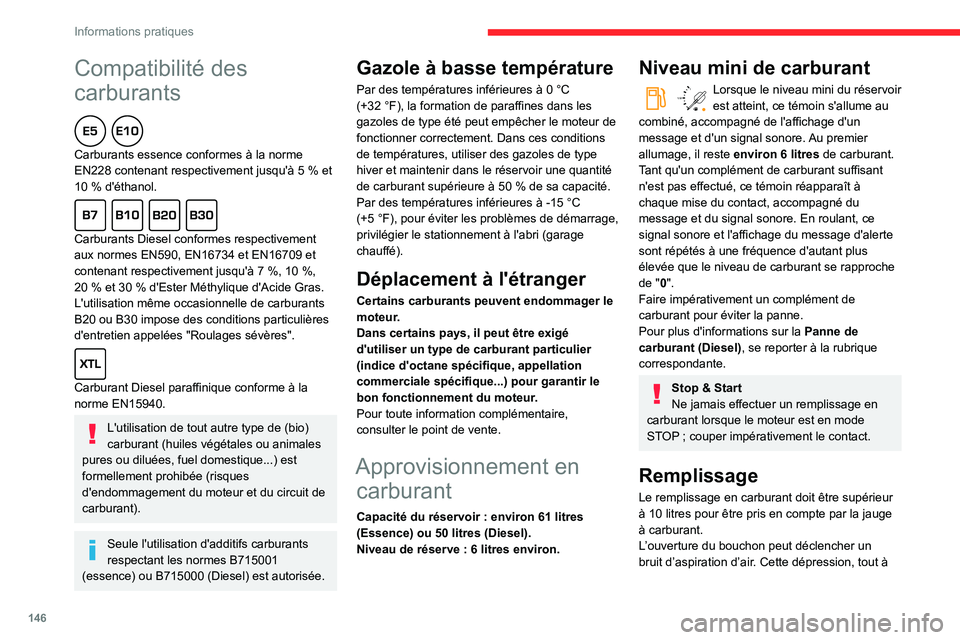 CITROEN BERLINGO VAN 2021  Notices Demploi (in French) 146
Informations pratiques
Compatibilité des 
carburants
  
Carburants essence conformes à la norme 
EN228 contenant respectivement jusqu'à 5  % et 
10
  % d'éthanol.
  
Carburants Diesel 