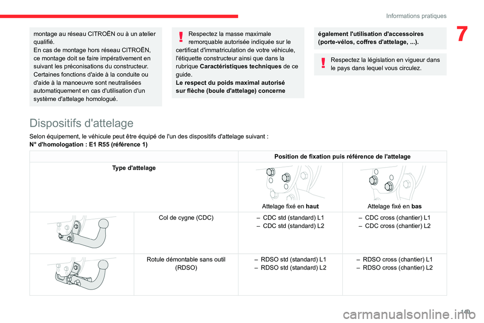 CITROEN BERLINGO VAN 2021 Notices Demploi (in French) 149
Informations pratiques
7montage au réseau CITROËN ou à un atelier
qualifié.
En cas de montage hors réseau CITROËN,
ce montage doit se faire impérativement en
suivant les préconisations CITROEN BERLINGO VAN 2021 Notices Demploi (in French) 149
Informations pratiques
7montage au réseau CITROËN ou à un atelier
qualifié.
En cas de montage hors réseau CITROËN,
ce montage doit se faire impérativement en
suivant les préconisations