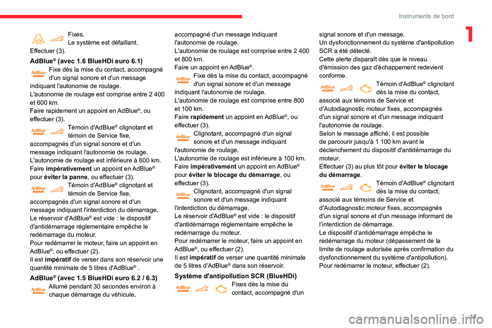 CITROEN BERLINGO VAN 2021 Notices Demploi (in French) 15
Instruments de bord
1Fixes.
Le système est défaillant.
Effectuer (3).
AdBlue® (avec 1.6 BlueHDi euro 6.1)Fixe dès la mise du contact, accompagné
d'un signal sonore et d'un message
in CITROEN BERLINGO VAN 2021 Notices Demploi (in French) 15
Instruments de bord
1Fixes.
Le système est défaillant.
Effectuer (3).
AdBlue® (avec 1.6 BlueHDi euro 6.1)Fixe dès la mise du contact, accompagné
d'un signal sonore et d'un message
in