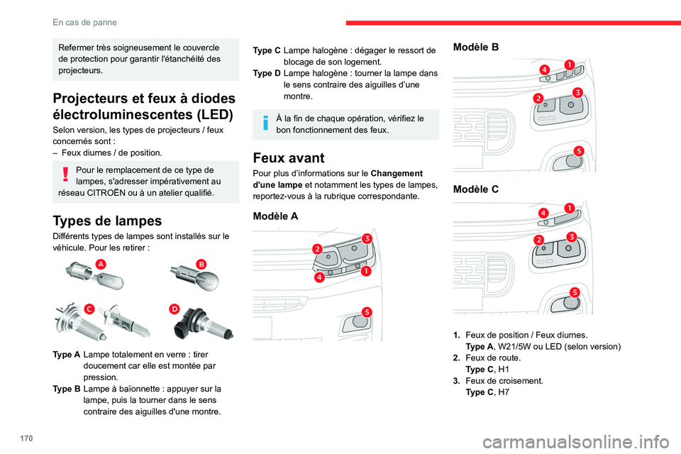 CITROEN BERLINGO VAN 2021  Notices Demploi (in French) 170
En cas de panne
Refermer très soigneusement le couvercle 
de protection pour garantir l'étanchéité des 
projecteurs.
Projecteurs et feux à diodes 
électroluminescentes (LED)
Selon versio