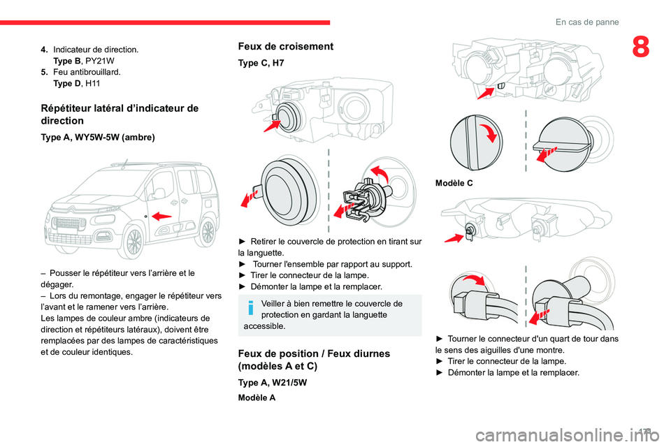 CITROEN BERLINGO VAN 2021 Notices Demploi (in French) 171
En cas de panne
84.Indicateur de direction.
Type
B, PY21W
5. Feu antibrouillard.
Type
D, H11
Répétiteur latéral d’indicateur de
direction
Type A, WY5W-5W (ambre)
– Pousser le répé CITROEN BERLINGO VAN 2021 Notices Demploi (in French) 171
En cas de panne
84.Indicateur de direction.
Type
B, PY21W
5. Feu antibrouillard.
Type
D, H11
Répétiteur latéral d’indicateur de
direction
Type A, WY5W-5W (ambre)
– Pousser le répé