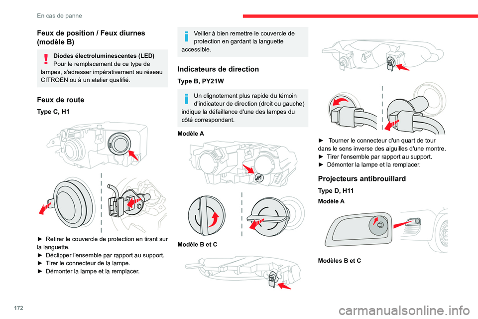 CITROEN BERLINGO VAN 2021  Notices Demploi (in French) 172
En cas de panne
Feux de position / Feux diurnes 
(modèle B)
Diodes électroluminescentes (LED)
Pour le remplacement de ce type de 
lampes, s'adresser impérativement au réseau 
CITROËN ou �