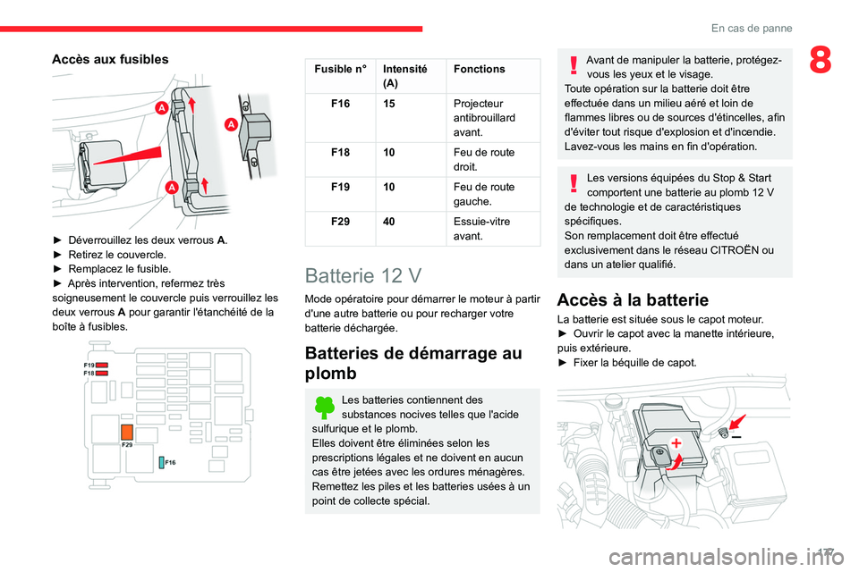 CITROEN BERLINGO VAN 2021 Notices Demploi (in French) 177
En cas de panne
8Accès aux fusibles
► Déverrouillez les deux verrous A .
â–º Retirez le couvercle.
â–º
Remplacez le fusible.
â–º
Après intervention, refermez très
soigneusement le CITROEN BERLINGO VAN 2021 Notices Demploi (in French) 177
En cas de panne
8Accès aux fusibles
► Déverrouillez les deux verrous A .
â–º Retirez le couvercle.
â–º
Remplacez le fusible.
â–º
Après intervention, refermez très
soigneusement le