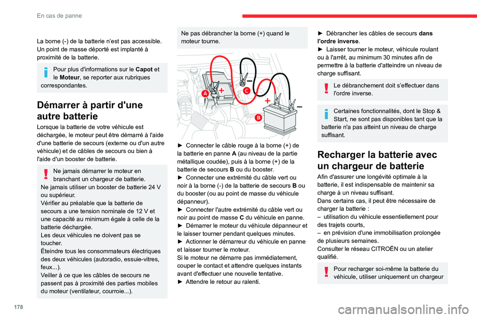 CITROEN BERLINGO VAN 2021 Notices Demploi (in French) 178
En cas de panne
La borne (-) de la batterie n’est pas accessible.
Un point de masse déporté est implanté Ã
proximité de la batterie.
Pour plus d'informations sur le Capot et
le Moteur CITROEN BERLINGO VAN 2021 Notices Demploi (in French) 178
En cas de panne
La borne (-) de la batterie n’est pas accessible.
Un point de masse déporté est implanté Ã
proximité de la batterie.
Pour plus d'informations sur le Capot et
le Moteur