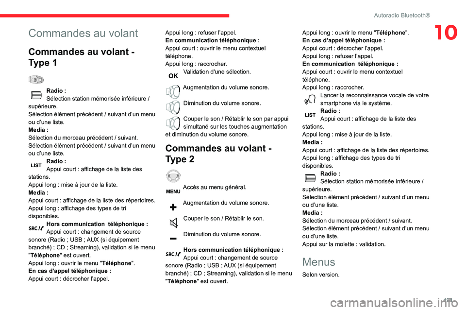 CITROEN BERLINGO VAN 2021 Notices Demploi (in French) 191
Autoradio Bluetooth®
10Commandes au volant
Commandes au volant -
Type 1
Radio :
Sélection station mémorisée inférieure /
supérieure.
Sélection élément précédent / suivant d’un me CITROEN BERLINGO VAN 2021 Notices Demploi (in French) 191
Autoradio Bluetooth®
10Commandes au volant
Commandes au volant -
Type 1
Radio :
Sélection station mémorisée inférieure /
supérieure.
Sélection élément précédent / suivant d’un me