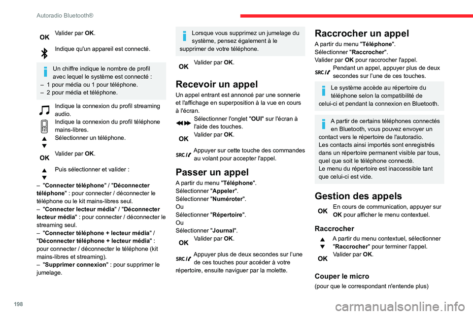 CITROEN BERLINGO VAN 2021 Notices Demploi (in French) 198
Autoradio Bluetooth®
Valider par OK.
Indique qu'un appareil est connecté.
Un chiffre indique le nombre de profil
avec lequel le système est connecté :
–
1 pour média ou 1 pour tél CITROEN BERLINGO VAN 2021 Notices Demploi (in French) 198
Autoradio Bluetooth®
Valider par OK.
Indique qu'un appareil est connecté.
Un chiffre indique le nombre de profil
avec lequel le système est connecté :
–
1 pour média ou 1 pour tél