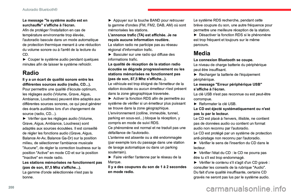 CITROEN BERLINGO VAN 2021 Notices Demploi (in French) 200
Autoradio Bluetooth®
Le message "le système audio est en
surchauffe" s'affiche à l'écran.
Afin de protéger l'installation en cas de
température environnante trop élevà CITROEN BERLINGO VAN 2021 Notices Demploi (in French) 200
Autoradio Bluetooth®
Le message "le système audio est en
surchauffe" s'affiche à l'écran.
Afin de protéger l'installation en cas de
température environnante trop élevÃ