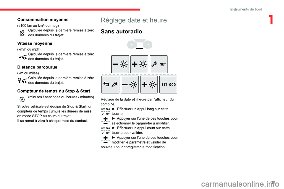 CITROEN BERLINGO VAN 2021  Notices Demploi (in French) 23
Instruments de bord
1Consommation moyenne
(l/100 km ou km/l ou mpg)Calculée depuis la dernière remise à zéro 
des données du trajet.
Vitesse moyenne
(km/h ou mph)Calculée depuis la dernière 