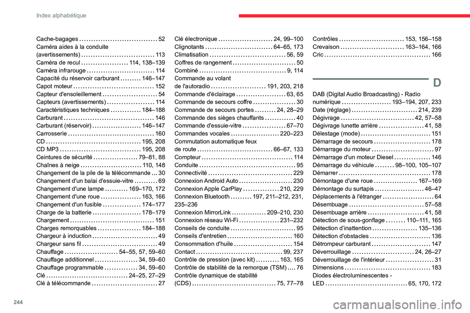 CITROEN BERLINGO VAN 2021  Notices Demploi (in French) 244
Index alphabétique
Cache-bagages     52
Caméra aides à la conduite  
(avertissements)
    
11 3
Caméra de recul
    
114, 138–139
Caméra infrarouge
    
11 4
Capacité du réservoir carbura