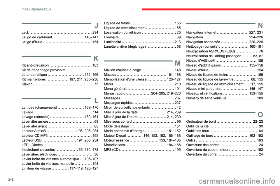 CITROEN BERLINGO VAN 2021  Notices Demploi (in French) 246
Index alphabétique
J
Jack    234
Jauge de carburant     
146–147
Jauge d'huile
    
154
K
Kit anti-crevaison     163
Kit de dépannage provisoire  
de pneumatique
    
162–166
Kit mains-l