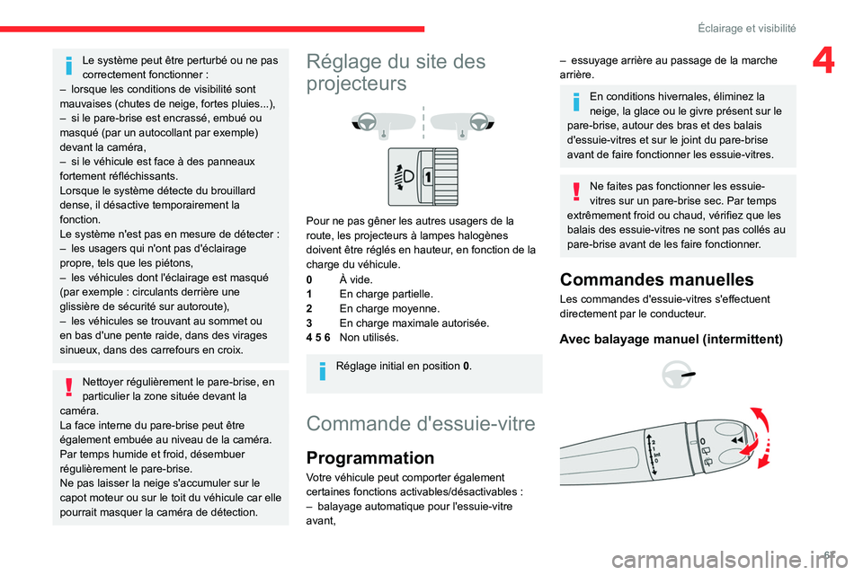 CITROEN BERLINGO VAN 2021 Notices Demploi (in French) 67
Éclairage et visibilité
4Le système peut être perturbé ou ne pas
correctement fonctionner :
–
lorsque les conditions de visibilité sont
mauvaises (chutes de neige, fortes pluies...),
CITROEN BERLINGO VAN 2021 Notices Demploi (in French) 67
Éclairage et visibilité
4Le système peut être perturbé ou ne pas
correctement fonctionner :
–
lorsque les conditions de visibilité sont
mauvaises (chutes de neige, fortes pluies...),