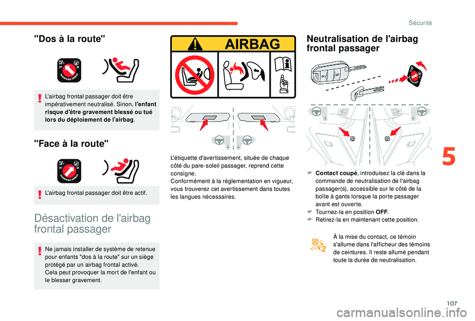 CITROEN BERLINGO VAN 2019 Notices Demploi (in French) 107
L'airbag frontal passager doit être
impérativement neutralisé. Sinon, l'enfant
risque d'être gravement blessé ou tué
lors du déploiement de l'airbag.
"Face à la rout CITROEN BERLINGO VAN 2019 Notices Demploi (in French) 107
L'airbag frontal passager doit être
impérativement neutralisé. Sinon, l'enfant
risque d'être gravement blessé ou tué
lors du déploiement de l'airbag.
"Face à la rout