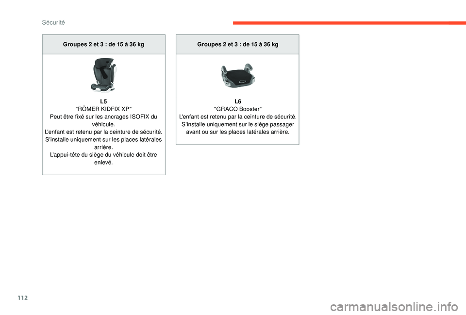 CITROEN BERLINGO VAN 2019  Notices Demploi (in French) 112
Groupes 2 et 3 : de 15 à 36 kg
L5
"
RÖMER KIDFIX XP"
Peut être fixé sur les ancrages ISOFIX du  véhicule.
L'enfant est retenu par la ceinture de sécurité. S'installe uniquem