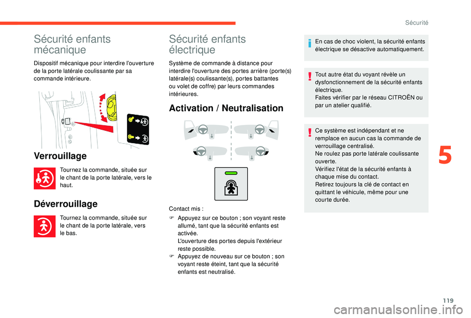 CITROEN BERLINGO VAN 2019 Notices Demploi (in French) 119
Sécurité enfants
mécanique
Dispositif mécanique pour interdire l’ouverture
de la porte latérale coulissante par sa
commande intérieure.
Verrouillage
Tournez la commande, située sur
le CITROEN BERLINGO VAN 2019 Notices Demploi (in French) 119
Sécurité enfants
mécanique
Dispositif mécanique pour interdire l’ouverture
de la porte latérale coulissante par sa
commande intérieure.
Verrouillage
Tournez la commande, située sur
le