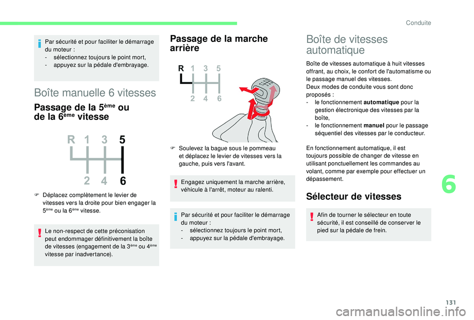CITROEN BERLINGO VAN 2019 Notices Demploi (in French) 131
Par sécurité et pour faciliter le démarrage
du moteur :
-
s
électionnez toujours le point mort,
-
a
ppuyez sur la pédale d'embrayage.
Boîte manuelle 6 vitesses
Passage de la 5èm CITROEN BERLINGO VAN 2019 Notices Demploi (in French) 131
Par sécurité et pour faciliter le démarrage
du moteur :
-
s
électionnez toujours le point mort,
-
a
ppuyez sur la pédale d'embrayage.
Boîte manuelle 6 vitesses
Passage de la 5èm