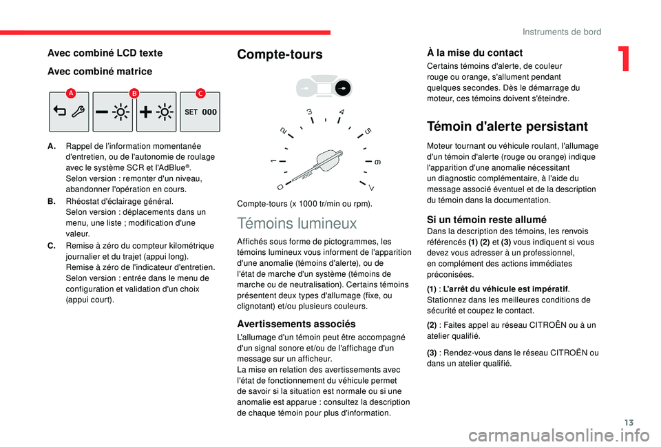CITROEN BERLINGO VAN 2019 Notices Demploi (in French) 13
Avec combiné LCD texte
Avec combiné matrice
A.Rappel de l’information momentanée
d'entretien, ou de l'autonomie de roulage
avec le système SCR et l'AdBlue
®.
Selon version
: CITROEN BERLINGO VAN 2019 Notices Demploi (in French) 13
Avec combiné LCD texte
Avec combiné matrice
A.Rappel de l’information momentanée
d'entretien, ou de l'autonomie de roulage
avec le système SCR et l'AdBlue
®.
Selon version
: