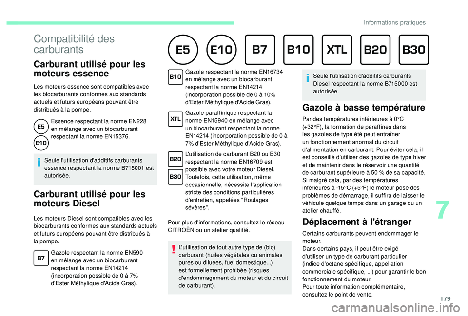 CITROEN BERLINGO VAN 2019  Notices Demploi (in French) 179
Compatibilité des 
carburants      
Carburant utilisé pour les 
moteurs essence
Les moteurs essence sont compatibles avec 
les biocarburants conformes aux standards 
actuels et futurs européens