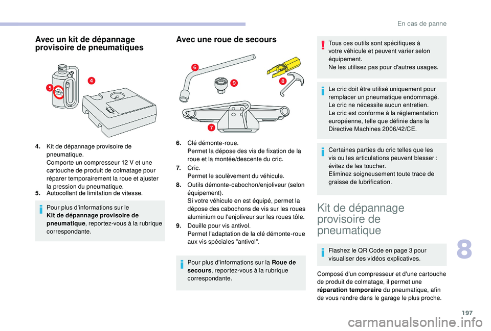CITROEN BERLINGO VAN 2019 Notices Demploi (in French) 197
Avec un kit de dépannage
provisoire de pneumatiques
4.Kit de dépannage provisoire de
pneumatique.
Comporte un compresseur 12
V et une
cartouche de produit de colmatage pour
réparer tempor CITROEN BERLINGO VAN 2019 Notices Demploi (in French) 197
Avec un kit de dépannage
provisoire de pneumatiques
4.Kit de dépannage provisoire de
pneumatique.
Comporte un compresseur 12
V et une
cartouche de produit de colmatage pour
réparer tempor