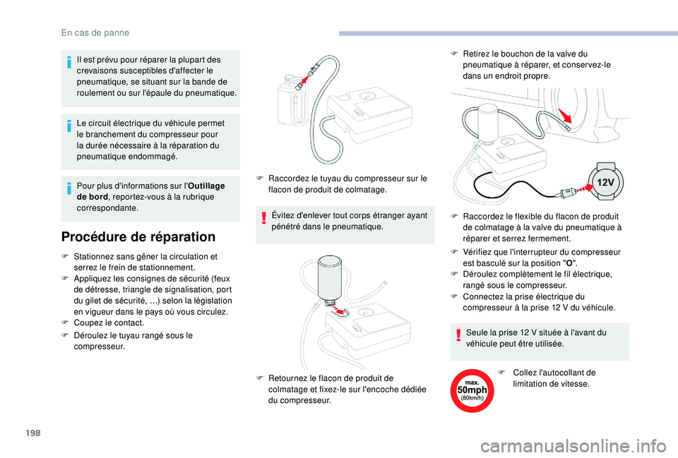 CITROEN BERLINGO VAN 2019 Notices Demploi (in French) 198
Le circuit électrique du véhicule permet
le branchement du compresseur pour
la durée nécessaire à la réparation du
pneumatique endommagé.
Procédure de réparation
F Stationnez sans gên CITROEN BERLINGO VAN 2019 Notices Demploi (in French) 198
Le circuit électrique du véhicule permet
le branchement du compresseur pour
la durée nécessaire à la réparation du
pneumatique endommagé.
Procédure de réparation
F Stationnez sans gên