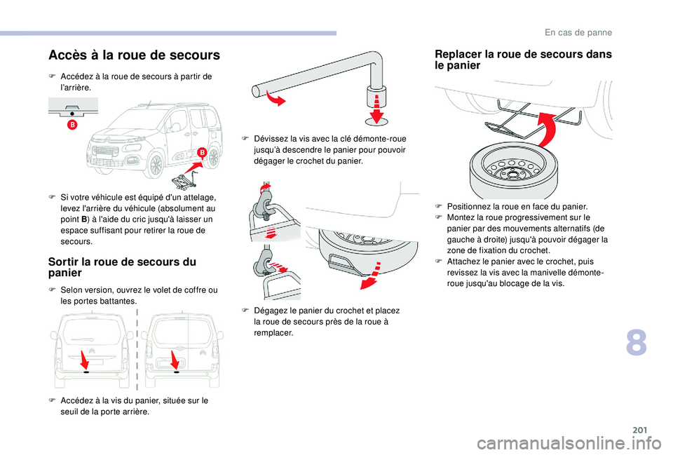 CITROEN BERLINGO VAN 2019 Notices Demploi (in French) 201
Accès à la roue de secours
F Accédez à la roue de secours à partir de l ’ar r i ère.
F
S
i votre véhicule est équipé d'un attelage,
levez l'arrière du véhicule (absolumen CITROEN BERLINGO VAN 2019 Notices Demploi (in French) 201
Accès à la roue de secours
F Accédez à la roue de secours à partir de l ’ar r i ère.
F
S
i votre véhicule est équipé d'un attelage,
levez l'arrière du véhicule (absolumen