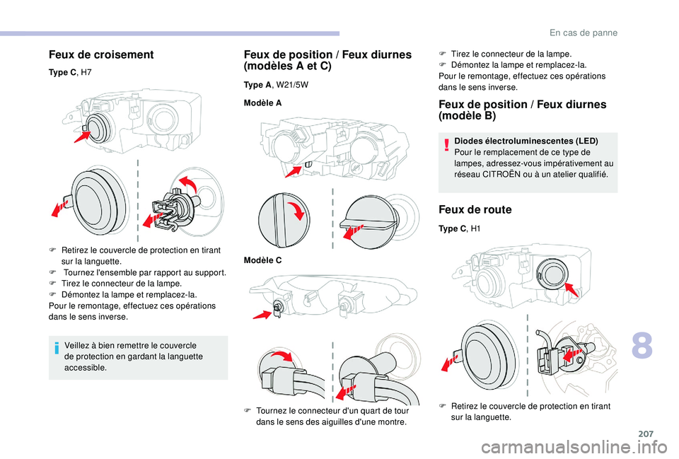 CITROEN BERLINGO VAN 2019 Notices Demploi (in French) 207
Feux de croisement
Ty p e C, H7
F
R
etirez le couvercle de protection en tirant
sur la languette.
F
T
ournez l'ensemble par rapport au support.
F
T
irez le connecteur de la lampe. CITROEN BERLINGO VAN 2019 Notices Demploi (in French) 207
Feux de croisement
Ty p e C, H7
F
R
etirez le couvercle de protection en tirant
sur la languette.
F
T
ournez l'ensemble par rapport au support.
F
T
irez le connecteur de la lampe.