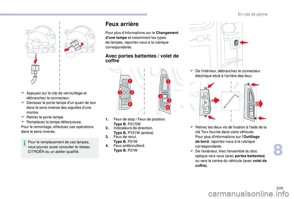 CITROEN BERLINGO VAN 2019 Notices Demploi (in French) 209
Pour le remplacement de ces lampes,
vous pouvez aussi consulter le réseau
CITROËN ou un atelier qualifié.
Feux arrière
Pour plus d’informations sur le Changement
d'une lampe et notamm CITROEN BERLINGO VAN 2019 Notices Demploi (in French) 209
Pour le remplacement de ces lampes,
vous pouvez aussi consulter le réseau
CITROËN ou un atelier qualifié.
Feux arrière
Pour plus d’informations sur le Changement
d'une lampe et notamm