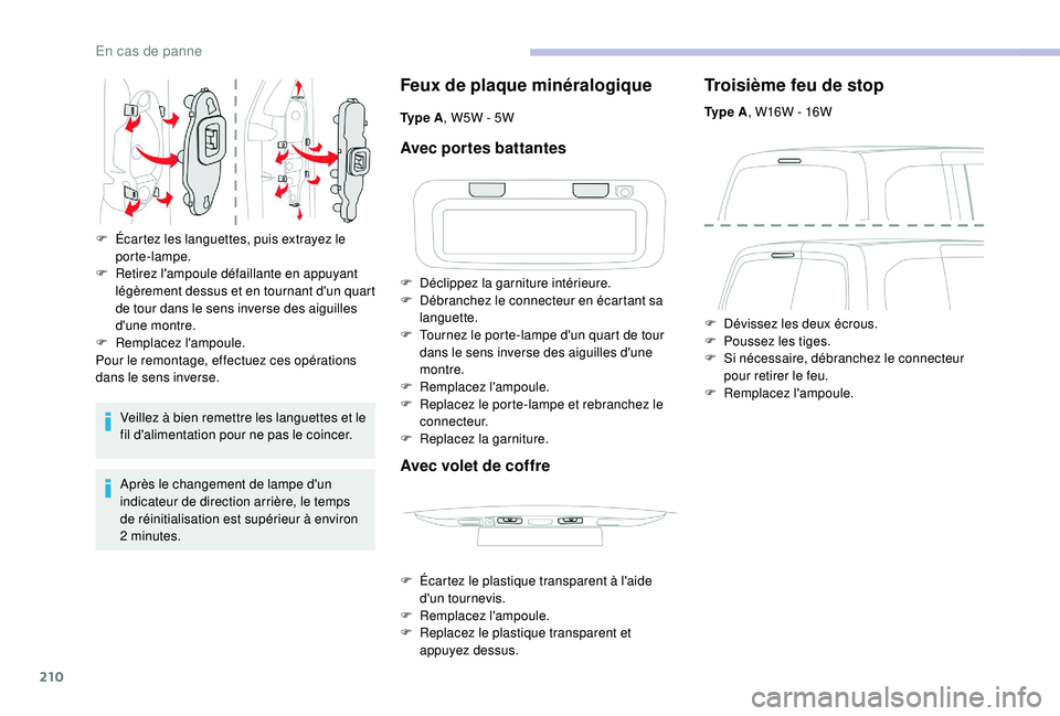 CITROEN BERLINGO VAN 2019 Notices Demploi (in French) 210
Veillez à bien remettre les languettes et le
fil d'alimentation pour ne pas le coincer.
Après le changement de lampe d'un
indicateur de direction arrière, le temps
de réinitialisati CITROEN BERLINGO VAN 2019 Notices Demploi (in French) 210
Veillez à bien remettre les languettes et le
fil d'alimentation pour ne pas le coincer.
Après le changement de lampe d'un
indicateur de direction arrière, le temps
de réinitialisati