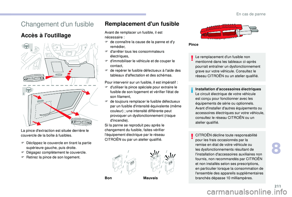 CITROEN BERLINGO VAN 2019 Notices Demploi (in French) 211
Changement d'un fusible
Accès à l'outillage
La pince d'extraction est située derrière le
couvercle de la boîte à fusibles.
F
D
éclippez le couvercle en tirant la partie
sup CITROEN BERLINGO VAN 2019 Notices Demploi (in French) 211
Changement d'un fusible
Accès à l'outillage
La pince d'extraction est située derrière le
couvercle de la boîte à fusibles.
F
D
éclippez le couvercle en tirant la partie
sup