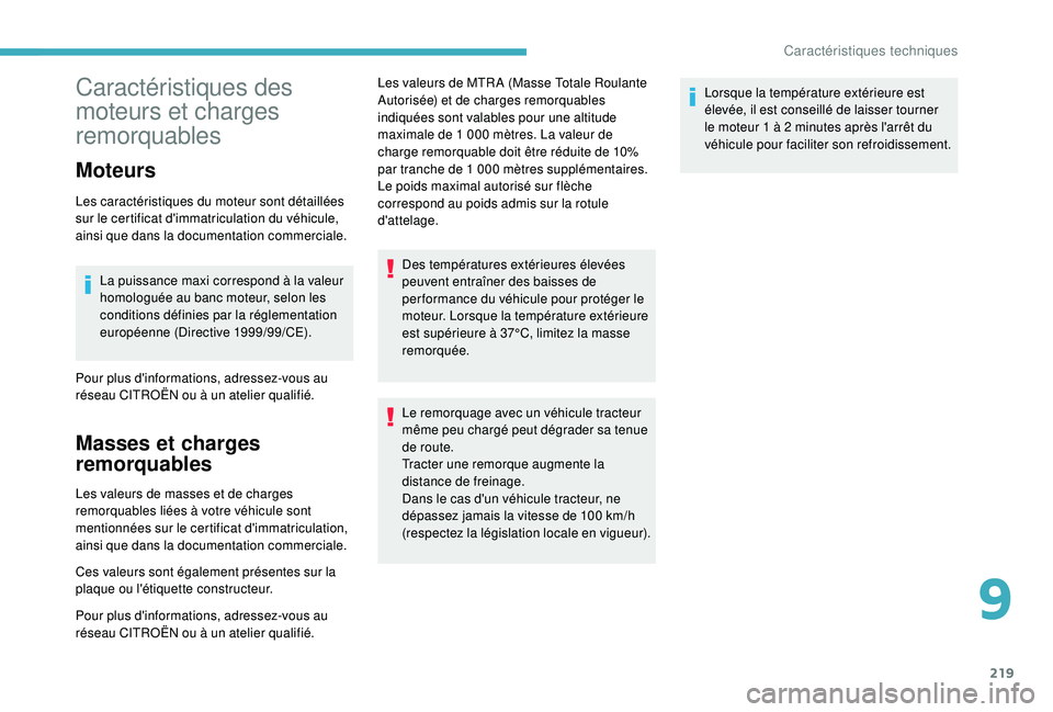 CITROEN BERLINGO VAN 2019 Notices Demploi (in French) 219
Caractéristiques des
moteurs et charges
remorquables
Moteurs
Les caractéristiques du moteur sont détaillées
sur le certificat d'immatriculation du véhicule,
ainsi que dans la document CITROEN BERLINGO VAN 2019 Notices Demploi (in French) 219
Caractéristiques des
moteurs et charges
remorquables
Moteurs
Les caractéristiques du moteur sont détaillées
sur le certificat d'immatriculation du véhicule,
ainsi que dans la document