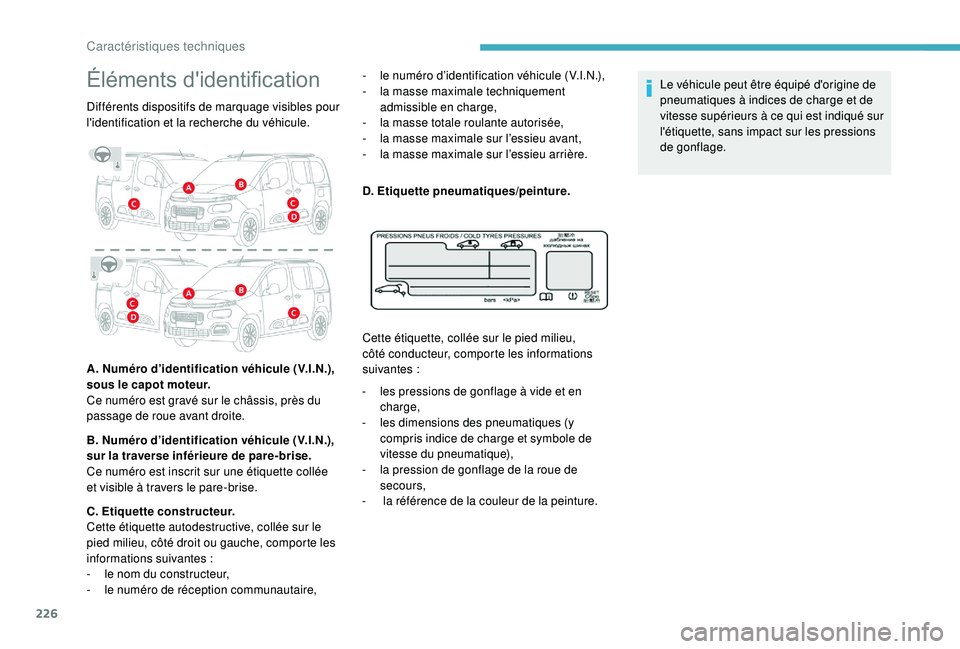 CITROEN BERLINGO VAN 2019 Notices Demploi (in French) 226
Éléments d'identification
Différents dispositifs de marquage visibles pour
l'identification et la recherche du véhicule.
A. Numéro d’identification véhicule (V.I.N.),
sous le cap CITROEN BERLINGO VAN 2019 Notices Demploi (in French) 226
Éléments d'identification
Différents dispositifs de marquage visibles pour
l'identification et la recherche du véhicule.
A. Numéro d’identification véhicule (V.I.N.),
sous le cap