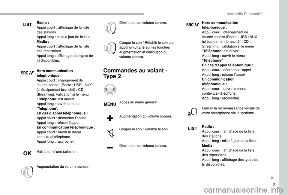 CITROEN BERLINGO VAN 2019 Notices Demploi (in French) 3
Radio :
Appui court : affichage de la liste
des stations.
Appui long : mise à jour de la liste.
Media :
Appui court : affichage de la liste
des répertoires.
Appui long : affichage des types de
CITROEN BERLINGO VAN 2019 Notices Demploi (in French) 3
Radio :
Appui court : affichage de la liste
des stations.
Appui long : mise à jour de la liste.
Media :
Appui court : affichage de la liste
des répertoires.
Appui long : affichage des types de
