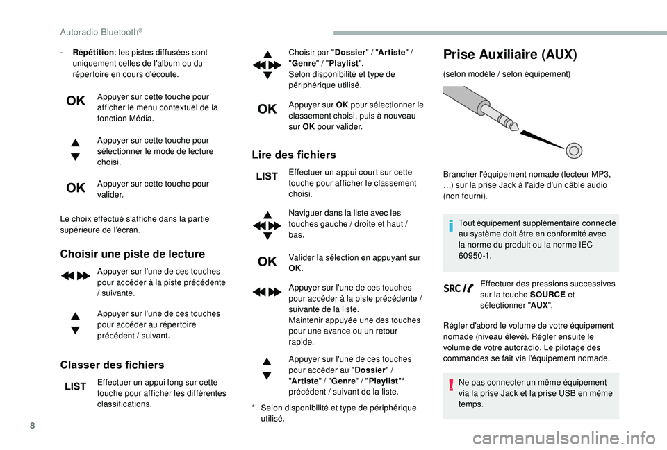 CITROEN BERLINGO VAN 2019 Notices Demploi (in French) 8
- Répétition: les pistes diffusées sont
uniquement celles de l'album ou du
répertoire en cours d'écoute.
Appuyer sur cette touche pour
afficher le menu contextuel de la
fonction Mé CITROEN BERLINGO VAN 2019 Notices Demploi (in French) 8
- Répétition: les pistes diffusées sont
uniquement celles de l'album ou du
répertoire en cours d'écoute.
Appuyer sur cette touche pour
afficher le menu contextuel de la
fonction Mé