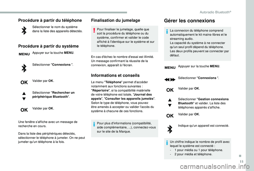 CITROEN BERLINGO VAN 2019 Notices Demploi (in French) 11
Procédure à partir du téléphone
Sélectionner le nom du système
dans la liste des appareils détectés.
Procédure à partir du système
Appuyer sur la touche MENU.
Sélectionner " Connex CITROEN BERLINGO VAN 2019 Notices Demploi (in French) 11
Procédure à partir du téléphone
Sélectionner le nom du système
dans la liste des appareils détectés.
Procédure à partir du système
Appuyer sur la touche MENU.
Sélectionner " Connex