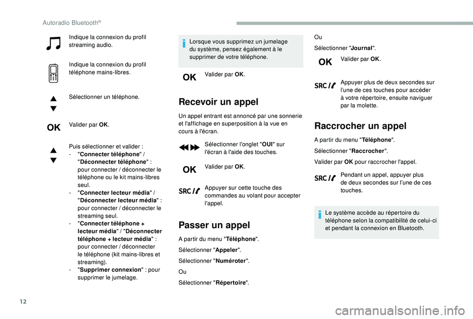 CITROEN BERLINGO VAN 2019 Notices Demploi (in French) 12
Indique la connexion du profil
streaming audio.
Indique la connexion du profil
téléphone mains-libres.
Sélectionner un téléphone.
Valider par OK.
Puis sélectionner et valider :
-
"Co CITROEN BERLINGO VAN 2019 Notices Demploi (in French) 12
Indique la connexion du profil
streaming audio.
Indique la connexion du profil
téléphone mains-libres.
Sélectionner un téléphone.
Valider par OK.
Puis sélectionner et valider :
-
"Co
