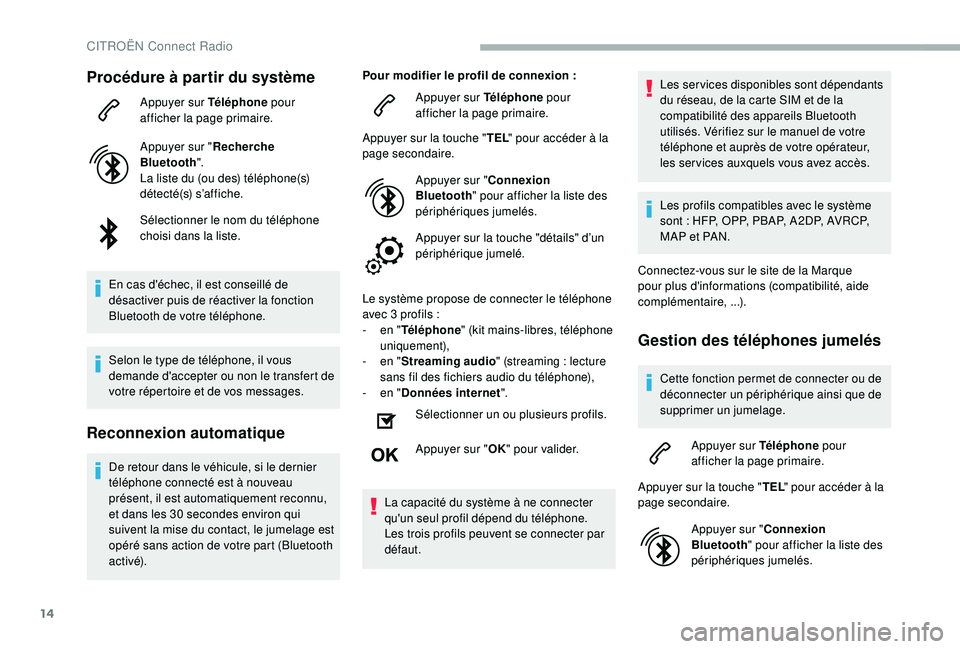 CITROEN BERLINGO VAN 2019 Notices Demploi (in French) 14
Procédure à partir du système
Appuyer sur Téléphone pour
afficher la page primaire.
Appuyer sur " Recherche
Bluetooth ".
La liste du (ou des) téléphone(s)
détecté(s) s’affiche CITROEN BERLINGO VAN 2019 Notices Demploi (in French) 14
Procédure à partir du système
Appuyer sur Téléphone pour
afficher la page primaire.
Appuyer sur " Recherche
Bluetooth ".
La liste du (ou des) téléphone(s)
détecté(s) s’affiche