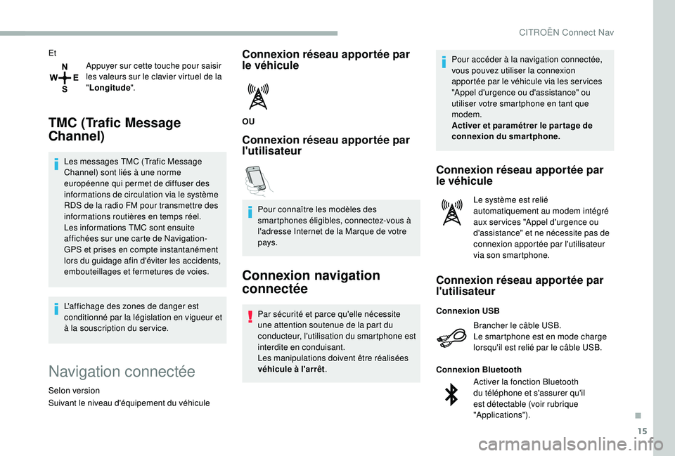 CITROEN BERLINGO VAN 2019  Notices Demploi (in French) 15
EtAppuyer sur cette touche pour saisir 
les valeurs sur le clavier virtuel de la 
"Longitude ".
TMC (Trafic Message 
Channel)
Les messages TMC (Trafic Message 
Channel) sont liés à une no