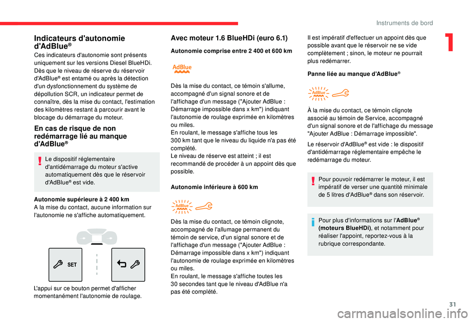 CITROEN BERLINGO VAN 2019 Notices Demploi (in French) 31
Indicateurs d'autonomie
d'AdBlue®
Ces indicateurs d'autonomie sont présents
uniquement sur les versions Diesel BlueHDi.
Dès que le niveau de réser ve du réser voir
d'AdBlue
CITROEN BERLINGO VAN 2019 Notices Demploi (in French) 31
Indicateurs d'autonomie
d'AdBlue®
Ces indicateurs d'autonomie sont présents
uniquement sur les versions Diesel BlueHDi.
Dès que le niveau de réser ve du réser voir
d'AdBlue