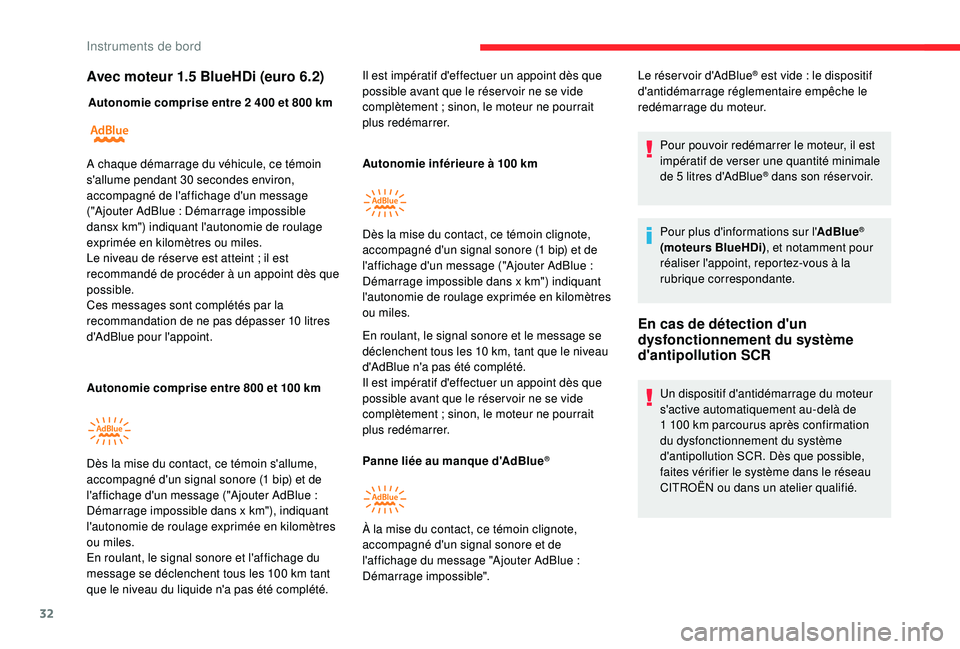 CITROEN BERLINGO VAN 2019 Notices Demploi (in French) 32
Avec moteur 1.5 BlueHDi (euro 6.2)
Autonomie comprise entre 2 400 et 800 km
A utonomie comprise entre 800 et 100
kmAutonomie inférieure à 100
km
En roulant, le signal sonore et le message s CITROEN BERLINGO VAN 2019 Notices Demploi (in French) 32
Avec moteur 1.5 BlueHDi (euro 6.2)
Autonomie comprise entre 2 400 et 800 km
A utonomie comprise entre 800 et 100
kmAutonomie inférieure à 100
km
En roulant, le signal sonore et le message s