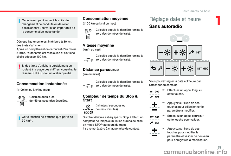 CITROEN BERLINGO VAN 2019 Notices Demploi (in French) 35
Cette valeur peut varier à la suite d'un
changement de conduite ou de relief,
occasionnant une variation importante de
la consommation instantanée.
Dès que l'autonomie est inférieure CITROEN BERLINGO VAN 2019 Notices Demploi (in French) 35
Cette valeur peut varier à la suite d'un
changement de conduite ou de relief,
occasionnant une variation importante de
la consommation instantanée.
Dès que l'autonomie est inférieure