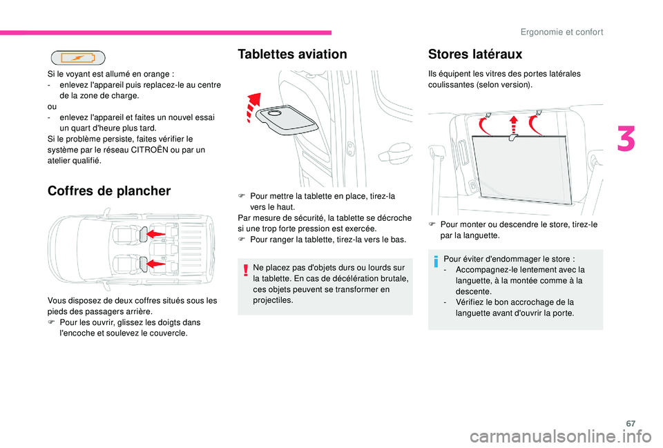CITROEN BERLINGO VAN 2019 Notices Demploi (in French) 67
Coffres de plancher
Si le voyant est allumé en orange :
- e nlevez l'appareil puis replacez-le au centre
de la zone de charge.
ou
-
e
nlevez l'appareil et faites un nouvel essai
un q CITROEN BERLINGO VAN 2019 Notices Demploi (in French) 67
Coffres de plancher
Si le voyant est allumé en orange :
- e nlevez l'appareil puis replacez-le au centre
de la zone de charge.
ou
-
e
nlevez l'appareil et faites un nouvel essai
un q