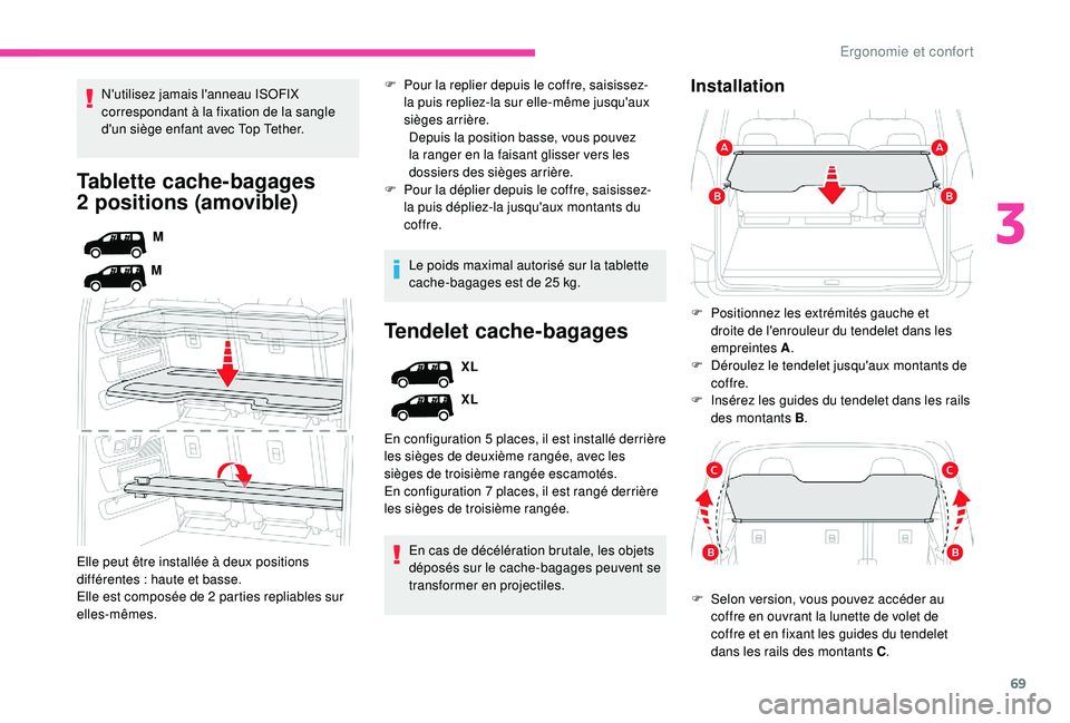 CITROEN BERLINGO VAN 2019  Notices Demploi (in French) 69
Tablette cache-bagages 
2  positions (amovible)
M
M
Elle peut être installée à deux positions 
différentes
 
: haute et basse.
Elle est composée de 2
  parties repliables sur 
elles-mêmes. N&