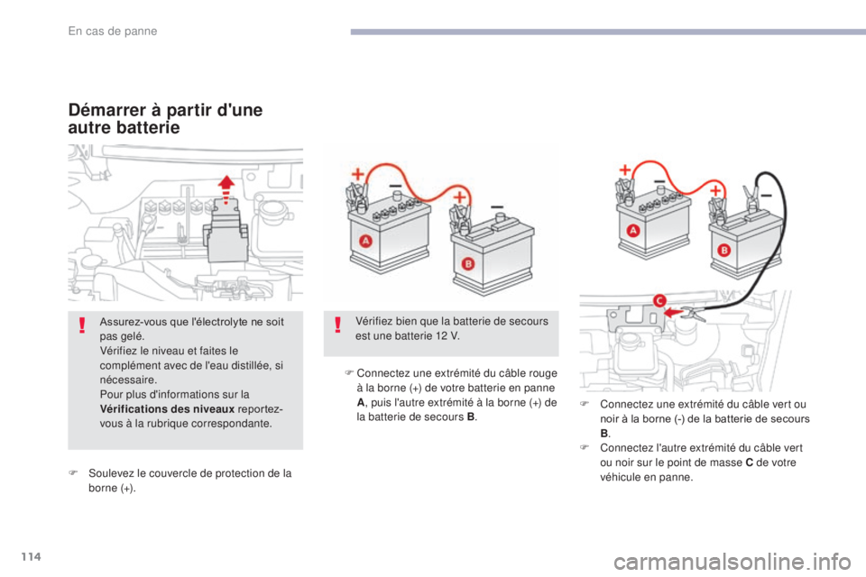 CITROEN C-ZERO 2017 Notices Demploi (in French) 114
F Soulevez le couvercle de protection de la borne (+). F
C
onnectez une extrémité du câble rouge
à la borne (+) de votre batterie en panne
A , puis l'autre extrémité à la borne (+) CITROEN C-ZERO 2017 Notices Demploi (in French) 114
F Soulevez le couvercle de protection de la borne (+). F
C
onnectez une extrémité du câble rouge
à la borne (+) de votre batterie en panne
A , puis l'autre extrémité à la borne (+)