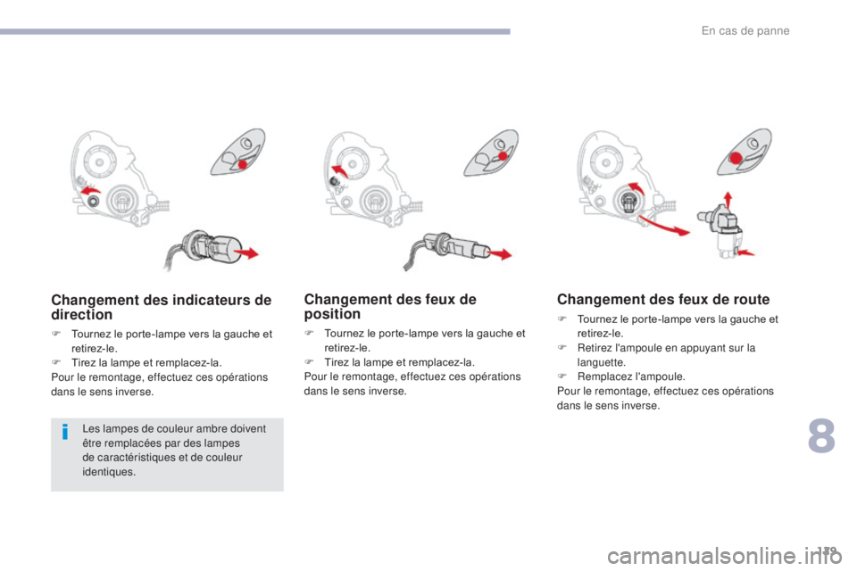 CITROEN C-ZERO 2017 Notices Demploi (in French) 129
Changement des feux de
position
F Tournez le porte-lampe vers la gauche et retirez-le.
F
T
irez la lampe et remplacez-la.
Pour le remontage, effectuez ces opérations
dans le sens inverse.
Ch CITROEN C-ZERO 2017 Notices Demploi (in French) 129
Changement des feux de
position
F Tournez le porte-lampe vers la gauche et retirez-le.
F
T
irez la lampe et remplacez-la.
Pour le remontage, effectuez ces opérations
dans le sens inverse.
Ch