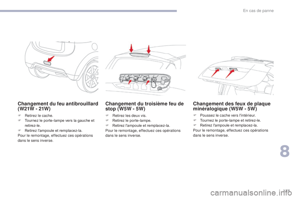 CITROEN C-ZERO 2017 Notices Demploi (in French) 133
Changement du feu antibrouillard
( W21W - 21W )
F Retirez le cache.
F T ournez le porte-lampe vers la gauche et
retirez-le.
F
R
etirez l'ampoule et remplacez-la.
Pour le remontage, effect CITROEN C-ZERO 2017 Notices Demploi (in French) 133
Changement du feu antibrouillard
( W21W - 21W )
F Retirez le cache.
F T ournez le porte-lampe vers la gauche et
retirez-le.
F
R
etirez l'ampoule et remplacez-la.
Pour le remontage, effect