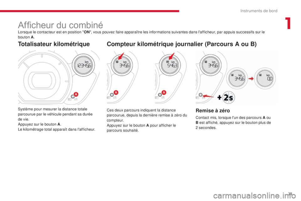 CITROEN C-ZERO 2017  Notices Demploi (in French) 21
Afficheur du combinéLorsque le contacteur est en position "ON", vous pouvez faire apparaître les informations suivantes dans l'afficheur, par appuis successifs sur le 
bouton A .
Tota