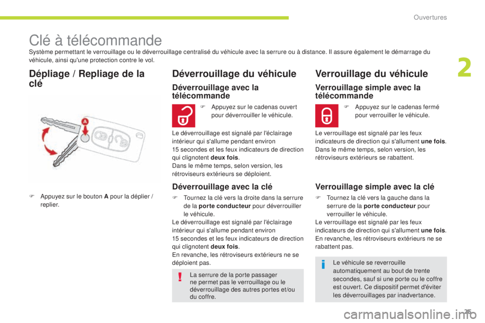 CITROEN C-ZERO 2017  Notices Demploi (in French) 25
Système permettant le verrouillage ou le déverrouillage centralisé du véhicule avec la serrure ou à distance. Il assure également le démarrage du 
véhicule, ainsi qu'une protection cont